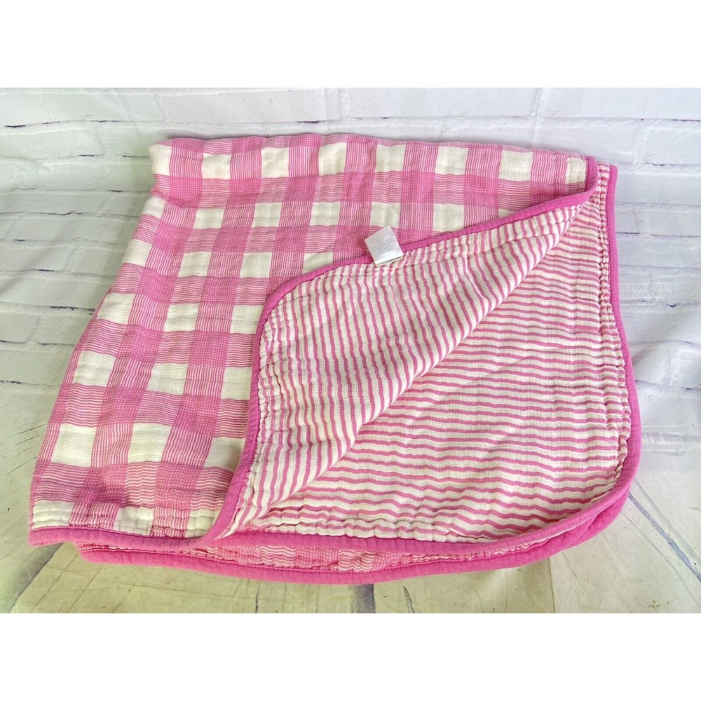 2014 Little Journey Pink Off White Baby Girl Blanket Plaid Striped Double Sided